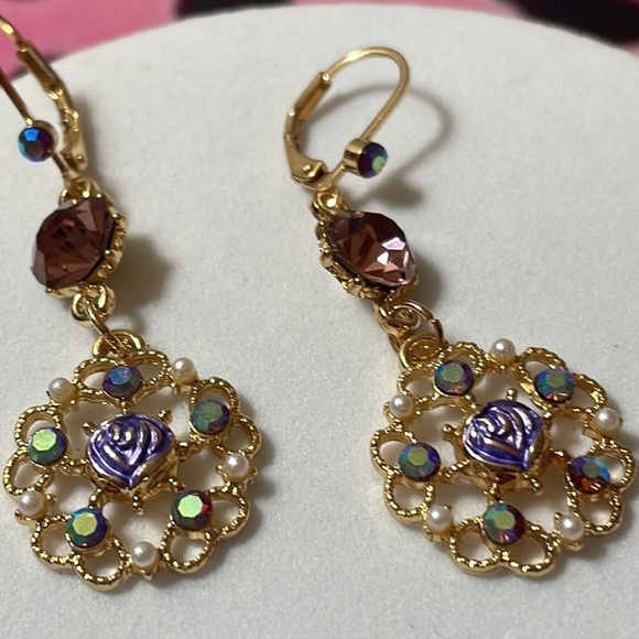 Betsy Johnson Purple Flower Crystal Drop Earrings - Picture 6 of 14